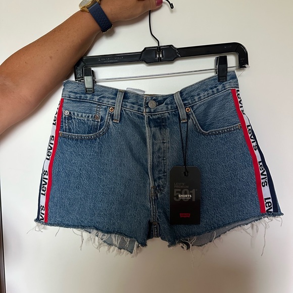 Levi's 501 High Rise Blue Jean Shorts with Red and White Stripe - Picture 1 of 5